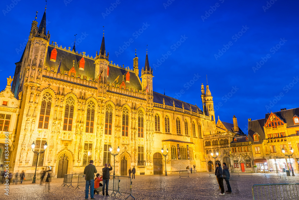 Burg square with the City Hall in Bruges, Belgium. Night view