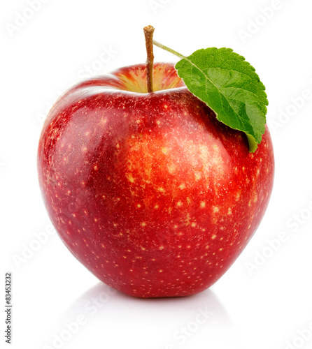 Red apple with green leaf isolated on a white