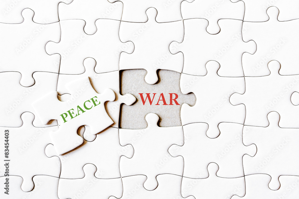 Fototapeta premium Missing jigsaw puzzle piece with word PEACE