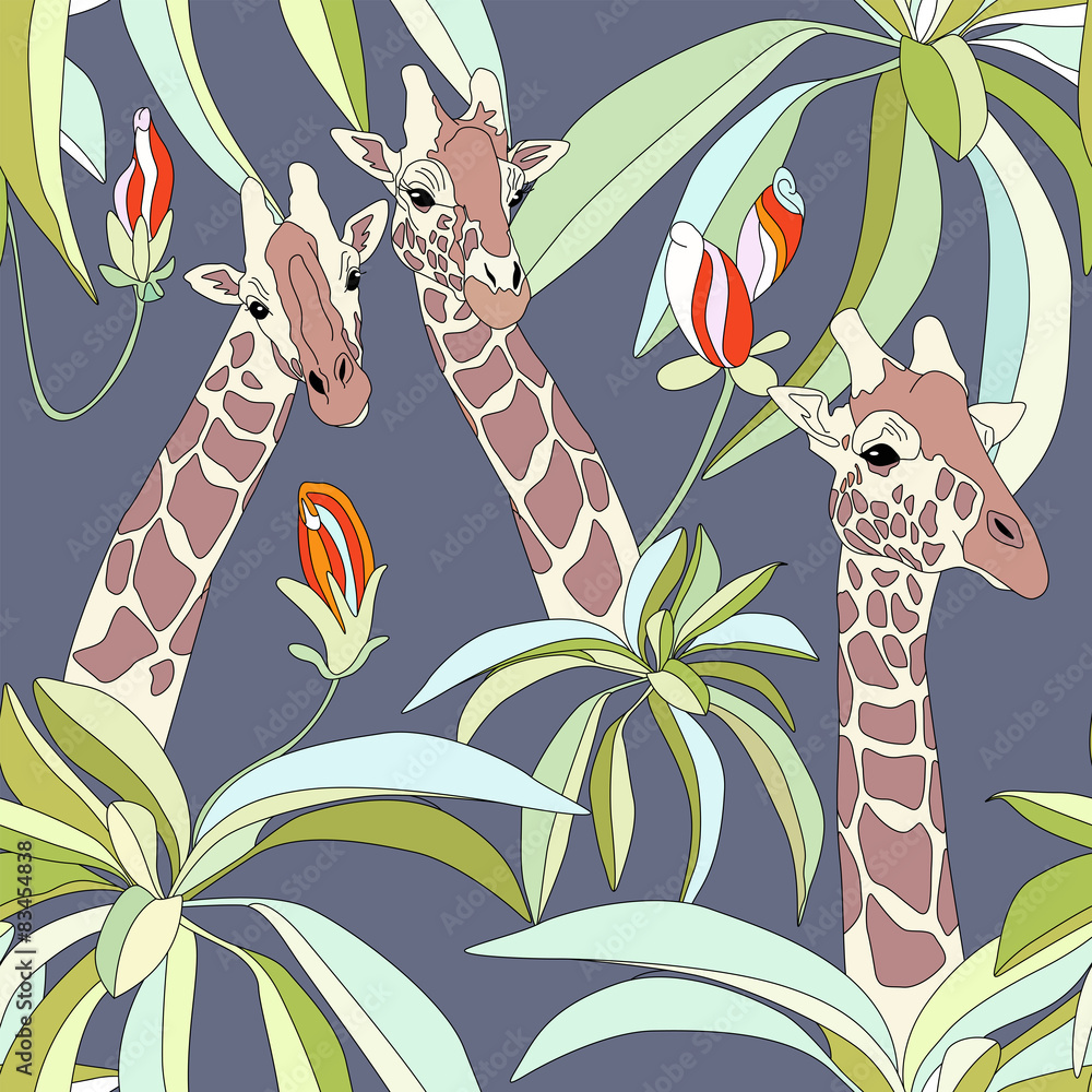 Obraz premium Giraffes in the rainforest,, seamless wallpaper