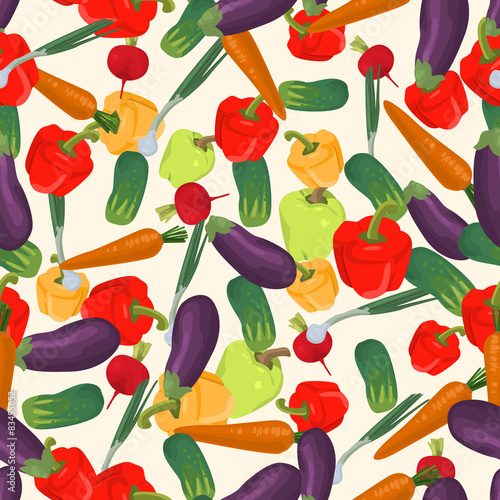 Seamless colorful background made of eggplant, green onion, radi
