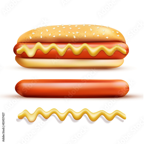 vector set consisting of elements: a bun, mustard, sausage