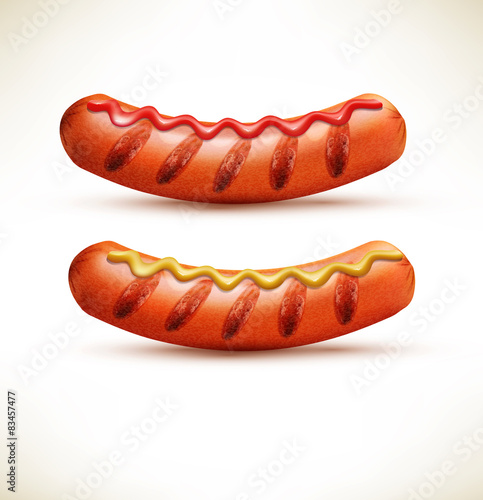 Vector set with roasted sausages on fire with mustard and ketchu