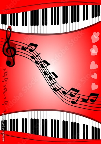 Background with musical theme piano keyboard, stave, treble clef