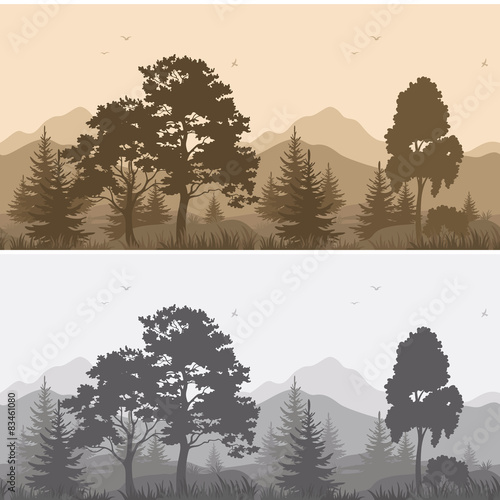 Seamless Mountain Landscape with Trees Silhouettes