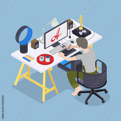 Digital artist at his workplace