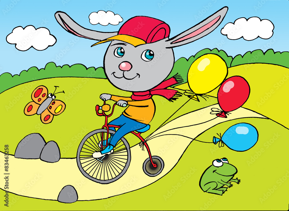 Rabbit on city bicycle, drawing, cartoon