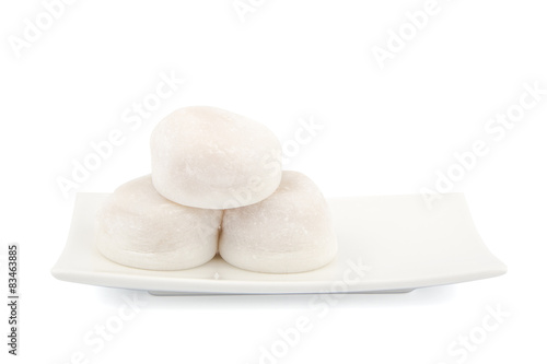 Three White Mochi on White Plate