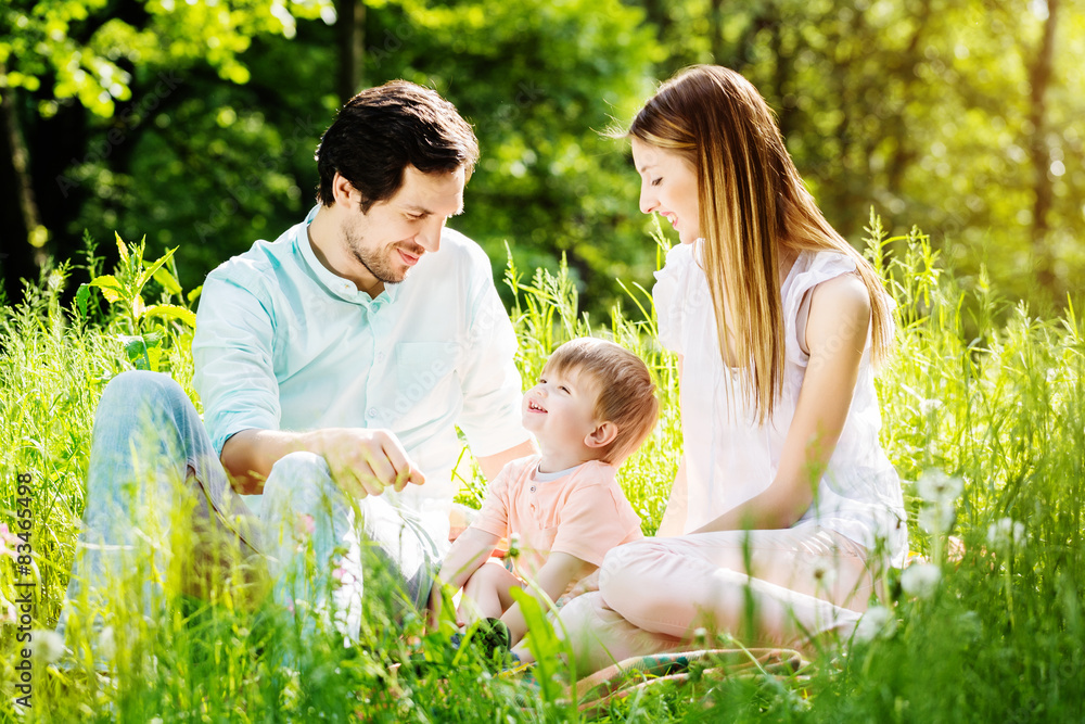 Fototapeta premium Glückliche Familie sitzt auf Sommer Wiese