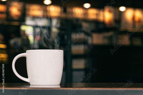 White Coffee Mug On Wooden Table In Cafe With Copyspace   With S