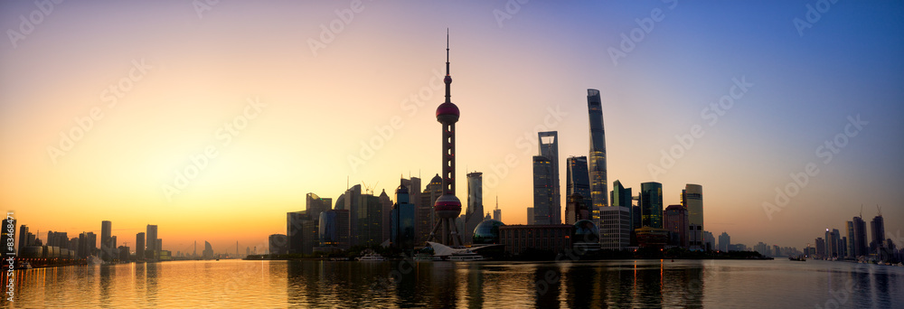 Naklejka premium Pudong skyline panorama at sunrise, Shanghai, China