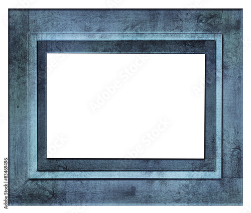 Vintage blue wood picture frame, isolated on white background.