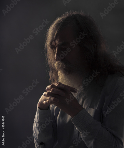 Senior Prayer, Old Man Praying with Folded Hands in Dark