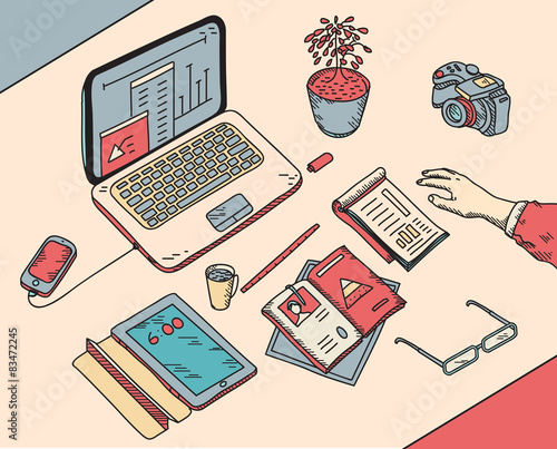 top view sketch hand drawn office or fome workplace freelancer