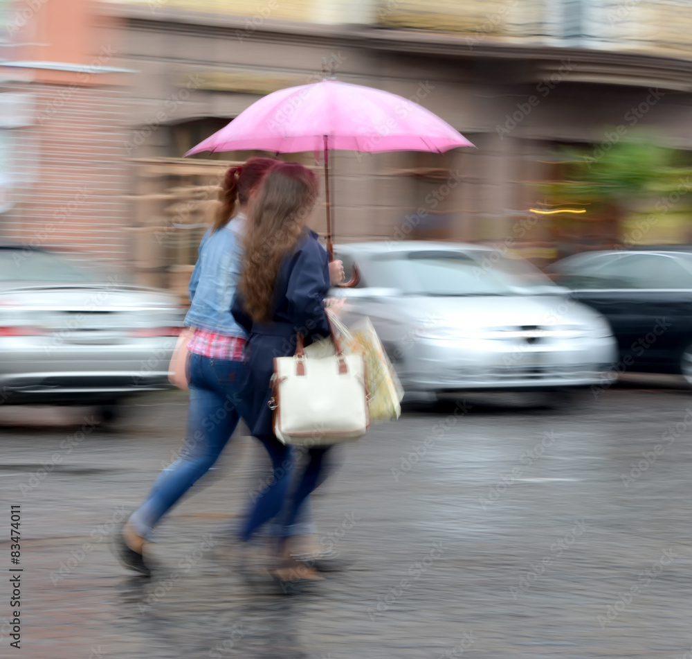 Women walking down the street on a rainy day