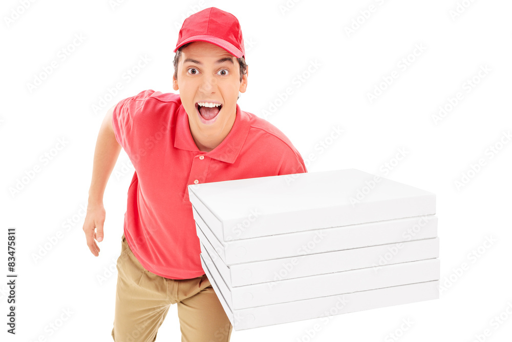 Fast pizza delivery guy running isolated on white Fast pizza delivery guy running isolated on white