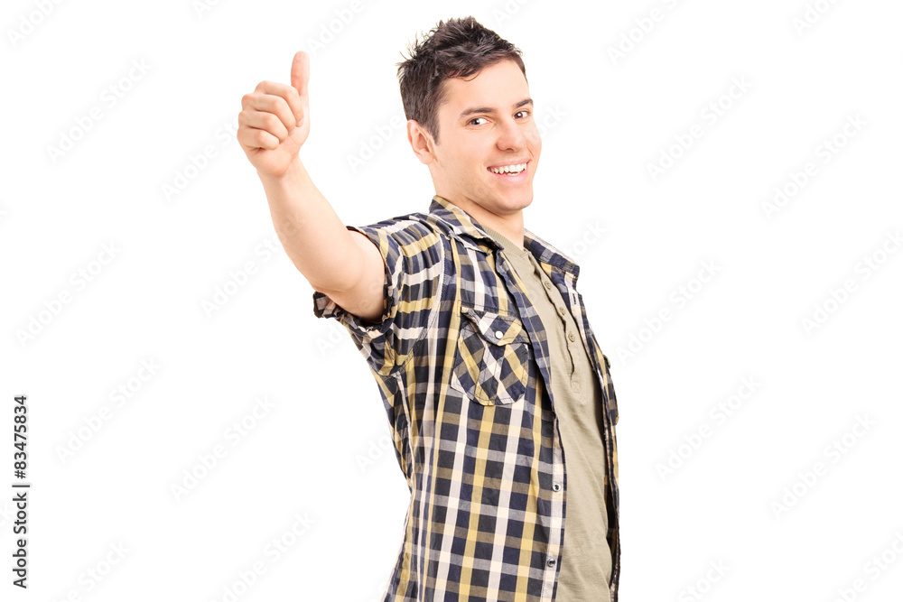 Happy guy giving Thumbs up isolated on white background Stock Photo