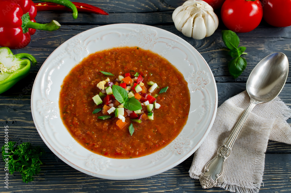 Fresh gazpacho on a wooden table Fresh gazpacho on a wooden table