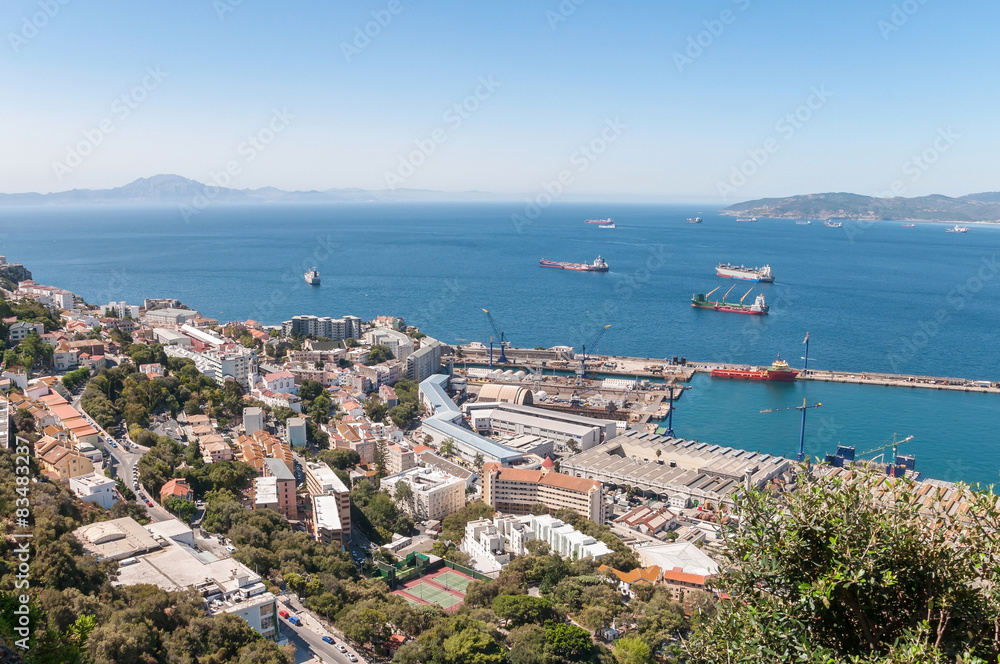 Naklejka premium Aerial view over port and city of Gibraltar