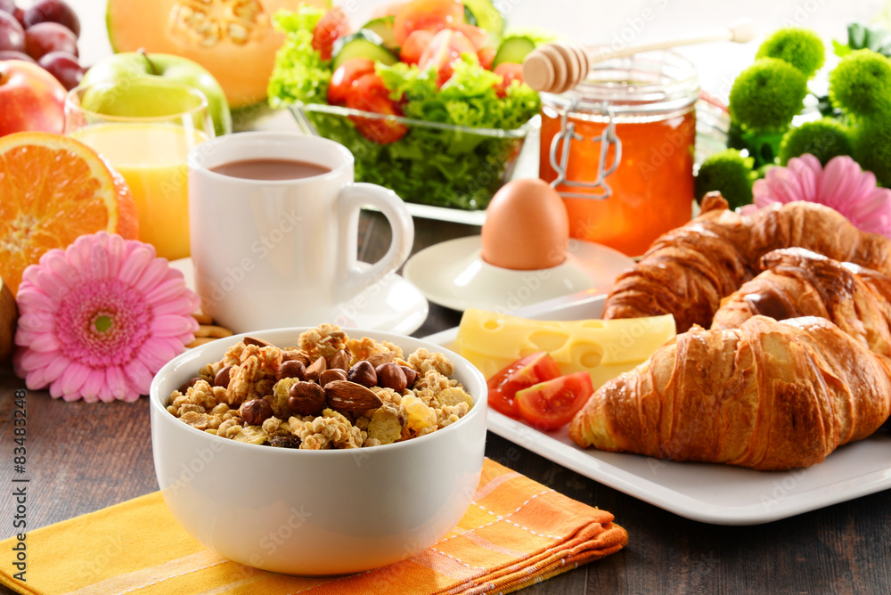 Composition with breakfast on the table. Balnced diet. Composition with breakfast on the table. Balnced diet.