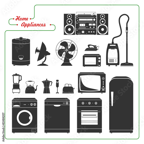Scaled monochromatic home appliances vector illustration. Retro