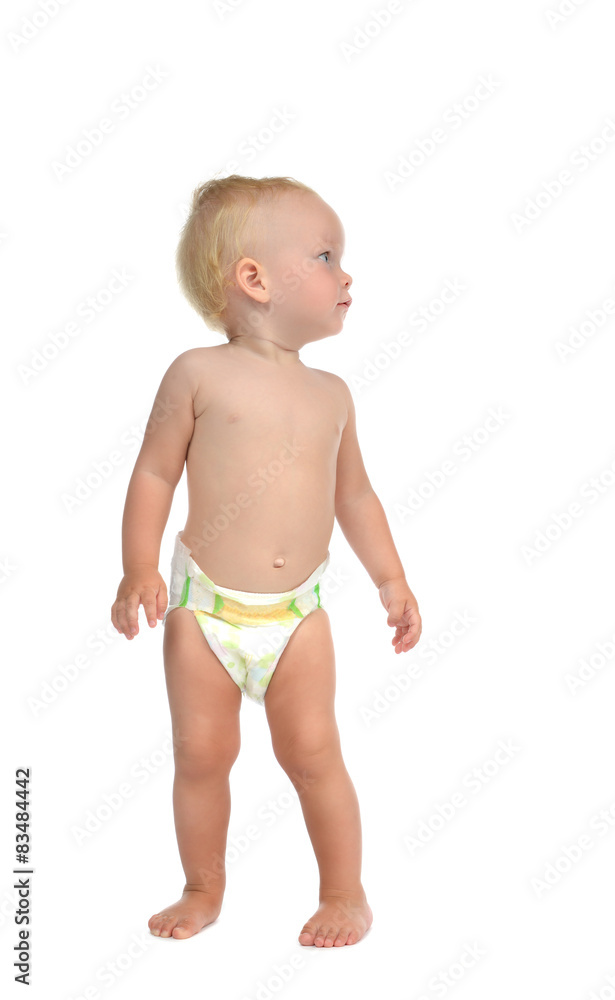 Infant child baby kid toddler standing make first steps looking Infant child baby kid toddler standing make first steps looking