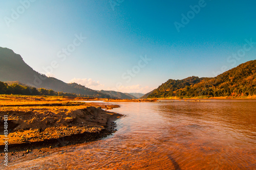 landscape mekong river with mountain and sky background.