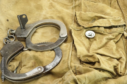 Handcuffs, Security Concept On  Camouflage Backpack Background