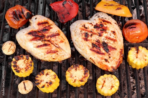 BBQ Roast Chicken Breast On The Hot Grill With Vegetables