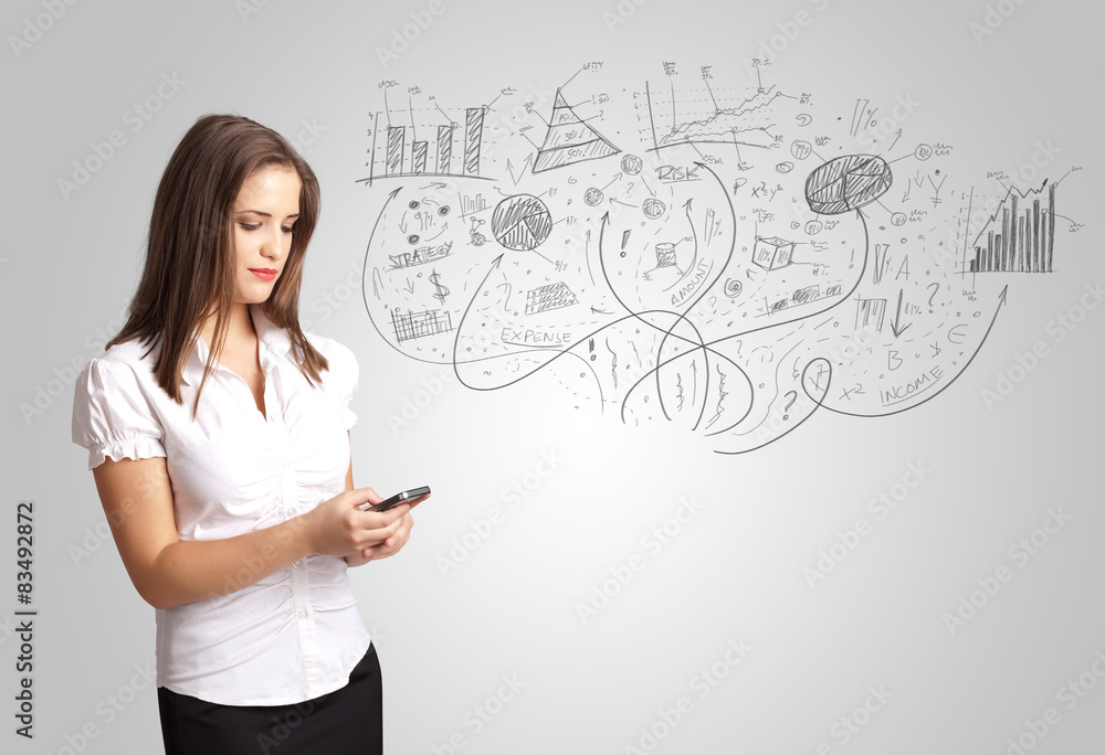 Business girl presenting hand drawn sketch graphs and charts Business girl presenting hand drawn sketch graphs and charts