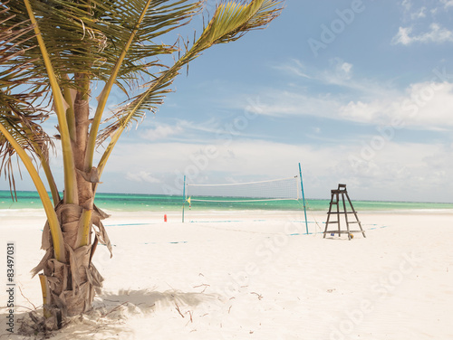 Palm tree, beach volei and lifeguard chair