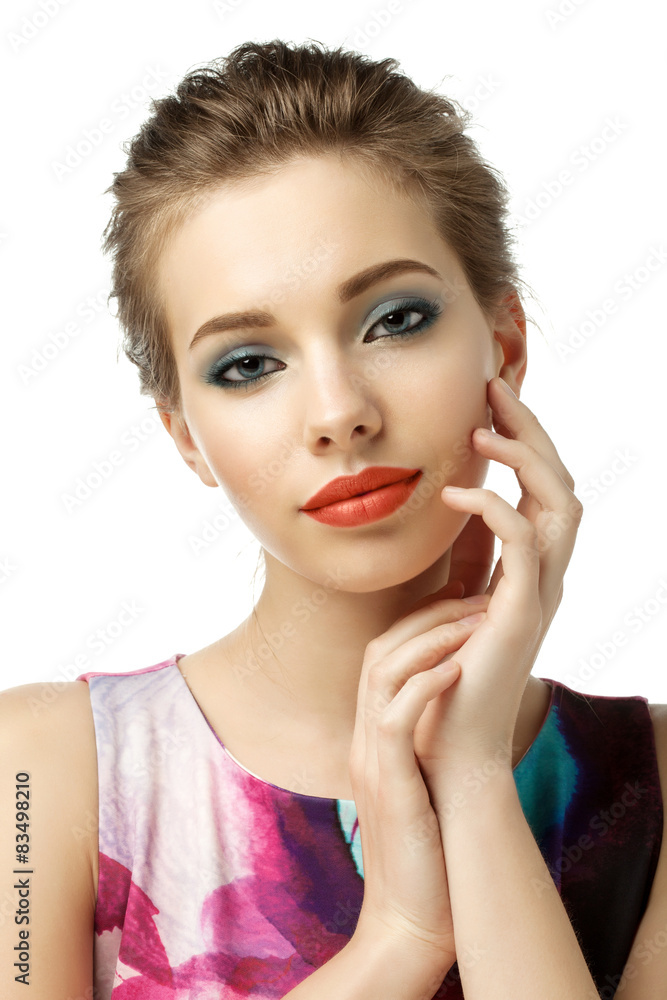 Close-up woman with a beautiful face with evening make-up Close-up woman with a beautiful face with evening make-up