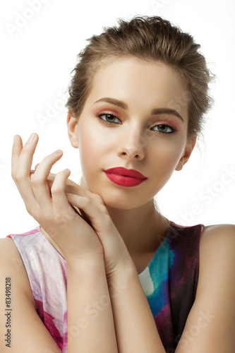 Portrait of a woman with a pretty face model with bright makeup
