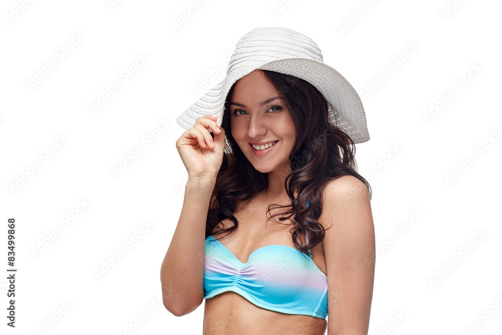 happy young woman in bikini swimsuit and sun hat happy young woman in bikini swimsuit and sun hat