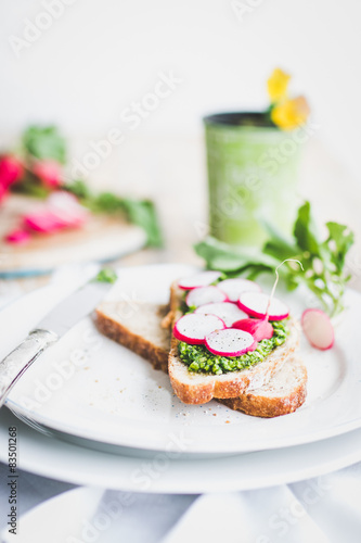 Vegan sandwich with wild garlic pesto and radish 