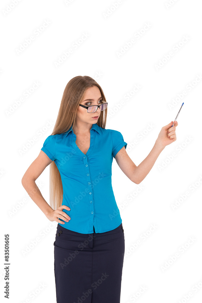 Beautiful young businesswoman in shirt pointing away while stand Beautiful young businesswoman in shirt pointing away while stand