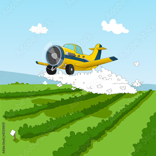  Cartoon aircraft spraying pesticides over the field