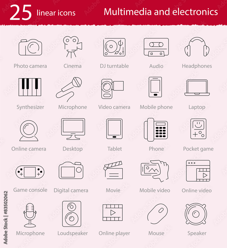 Vector thin line multimedia and electronics icons set