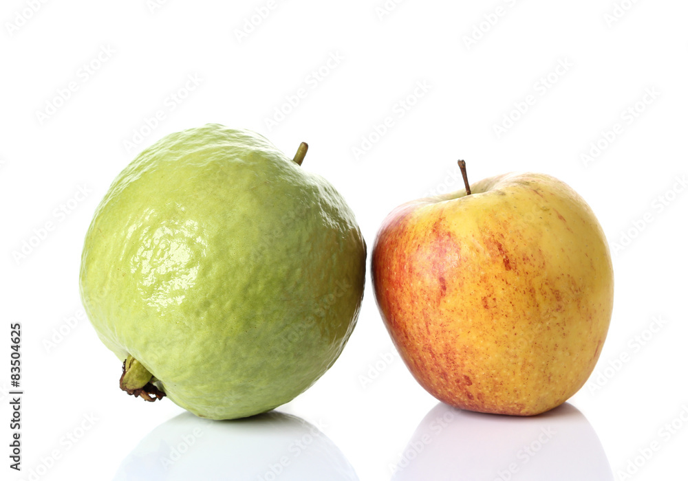 Guava and apple on white background