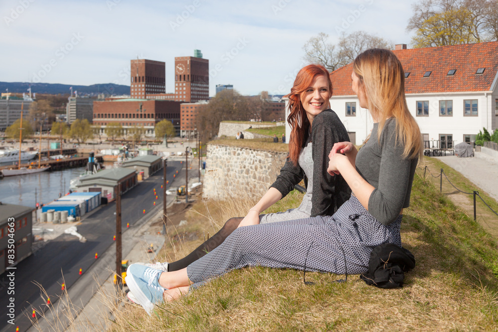 Two beautiful nordic girls enjoying their spare time in Oslo