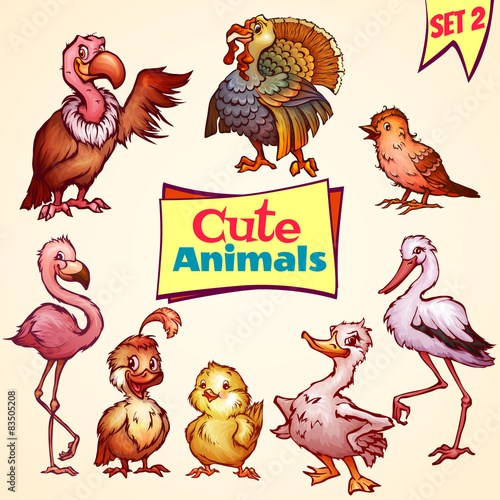 Vector set of cute birds. Turkey, goose, flamingo and etc.