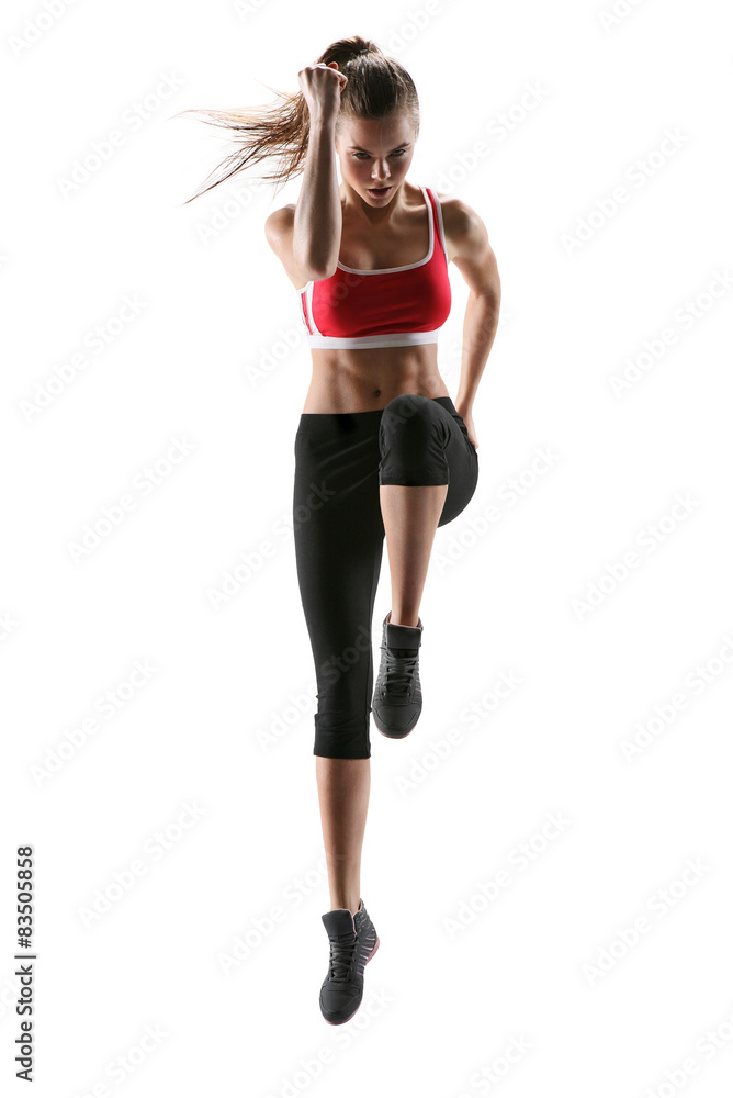 Beautiful blonde woman runner in silhouette isolated on white background. Dynamic movement. Sport and healthy lifestyle Beautiful blonde woman runner in silhouette isolated on white background. Dynamic movement. Sport and healthy lifestyle