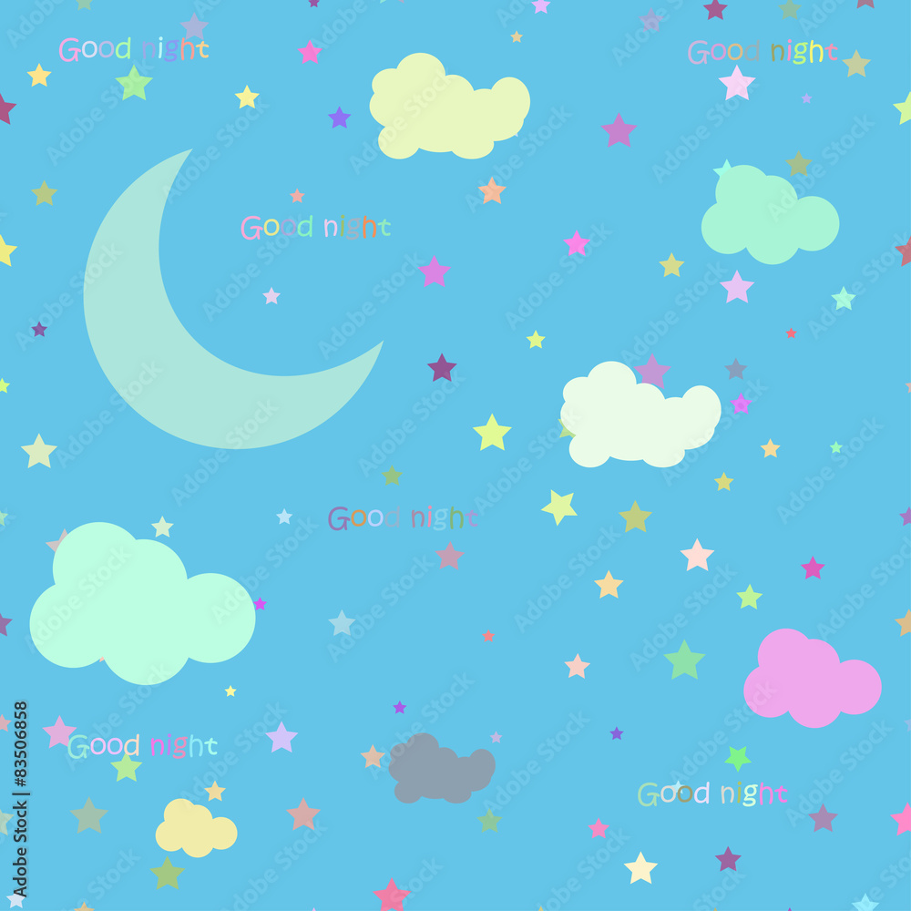 Vector night scene with moon and stars. Seamless pattern