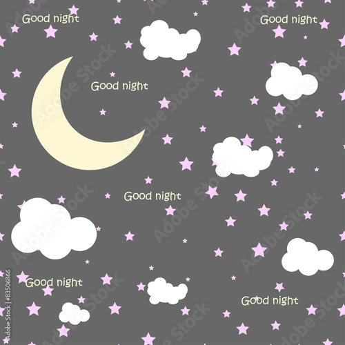 Vector night scene with moon and stars. Seamless pattern