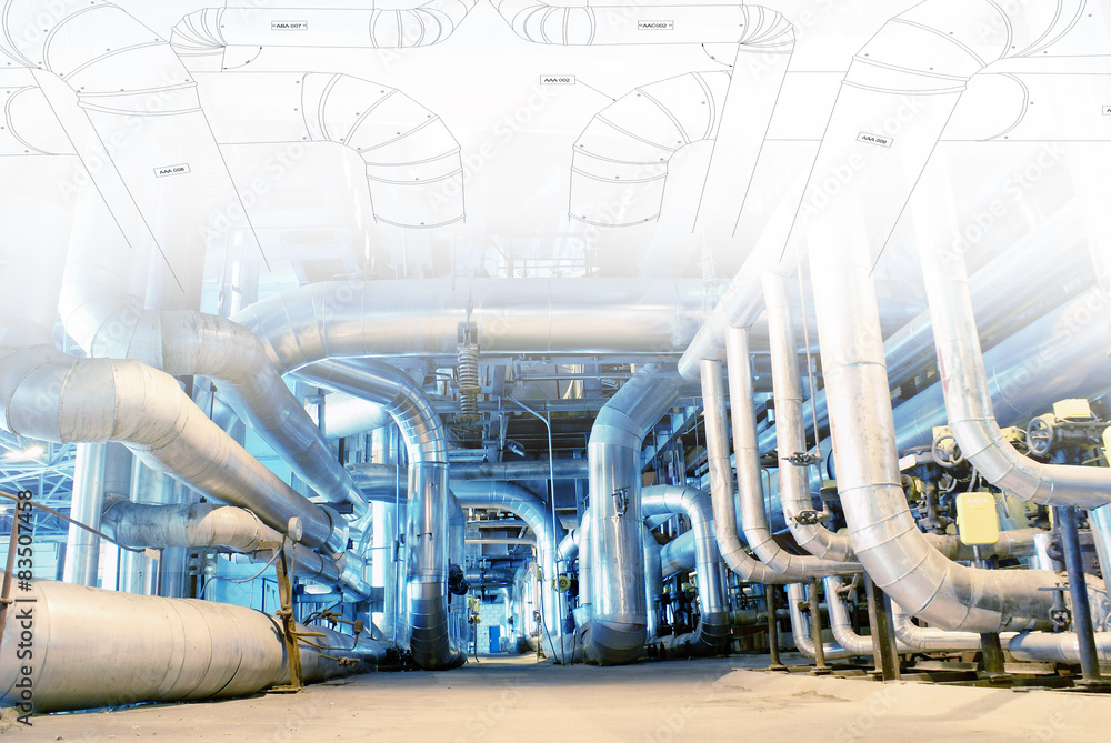 Industrial zone, Steel pipelines in blue tones Industrial zone, Steel pipelines in blue tones