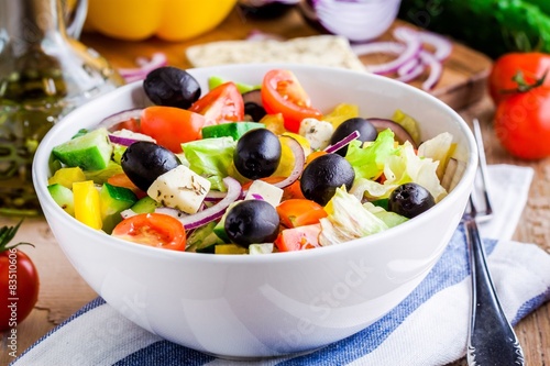 Greek salad of organic tomatoes, olives and feta cheese