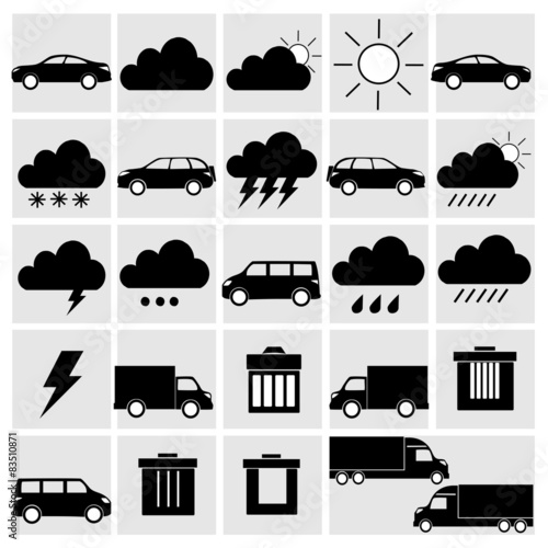 vector black of transport and weather icons set on gray