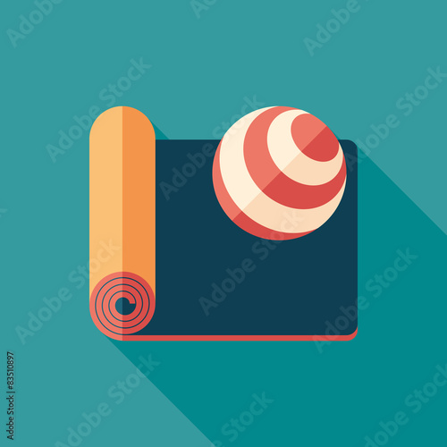 Mat and exercise ball flat square icon with long shadows.
