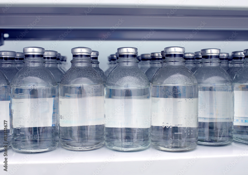 Warehouse bottles of saline solution in the hospital Warehouse bottles of saline solution in the hospital