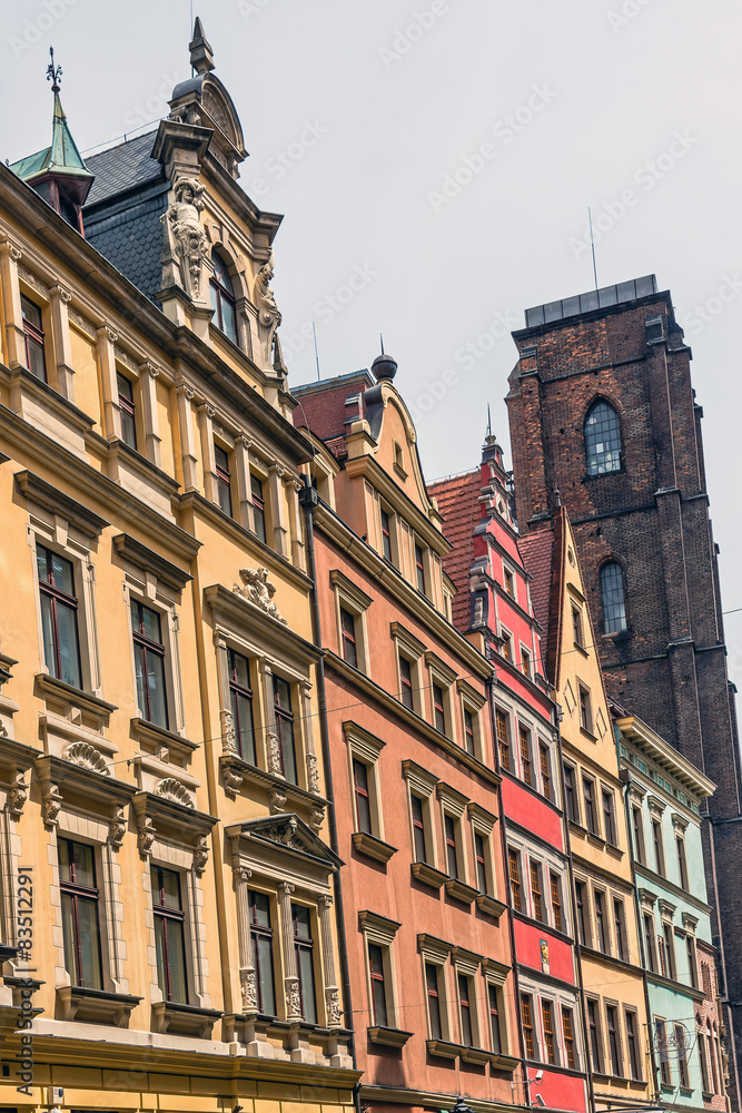 Facades of ancient tenements in the Old Town in Wroclaw.